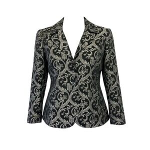 ISDA & CO Women Black Silver Brocade Jacquard Blazer Jacket Size L (O33)